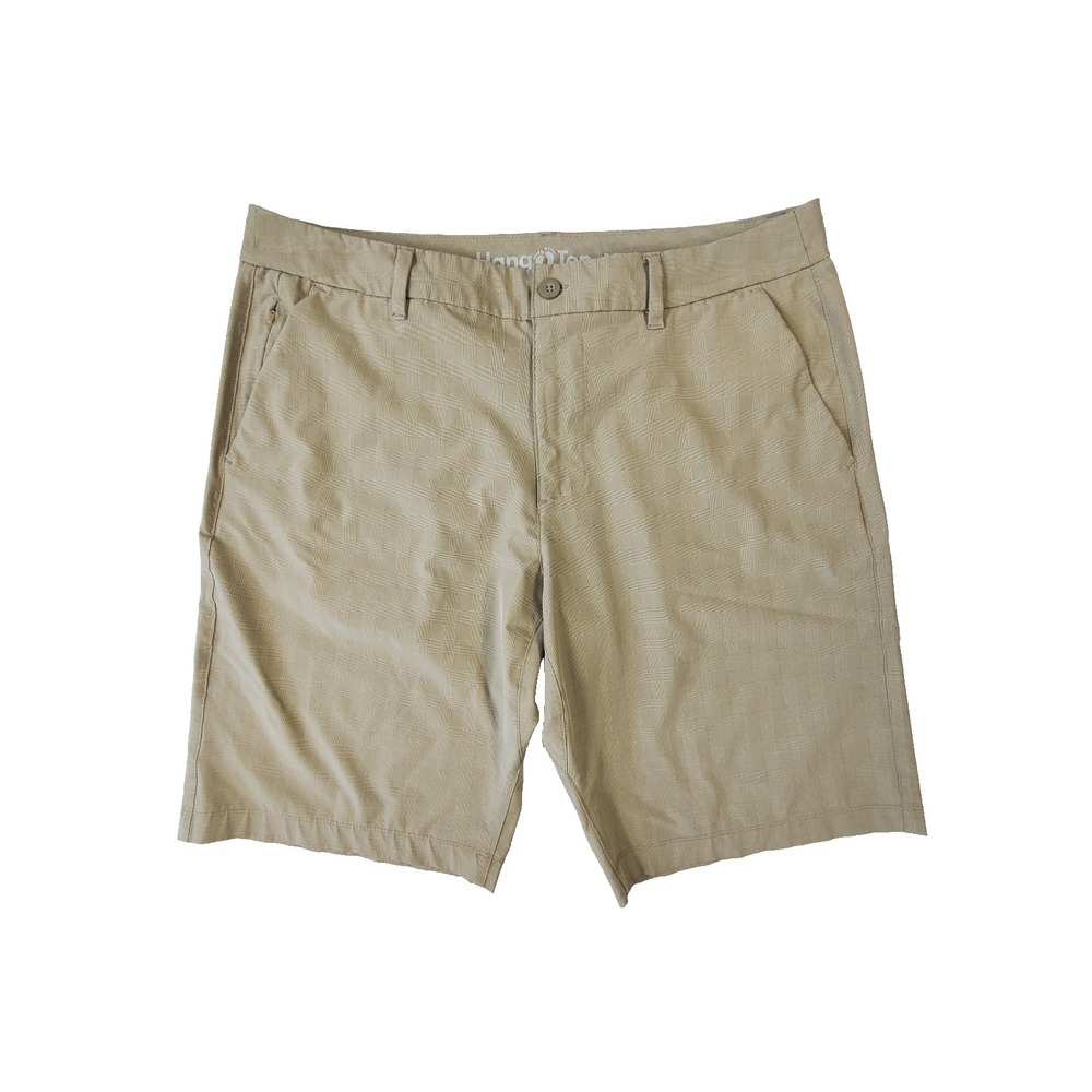 Hang Ten Khaki Golf Shorts Mens 38 Beige Plaid Stretch Casual Flat Front